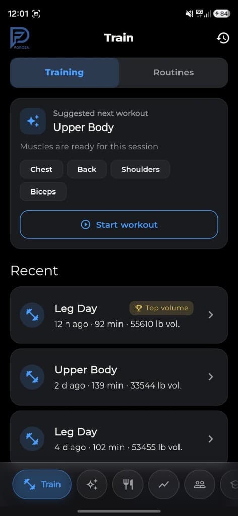 Suggested next workout and recent sessions